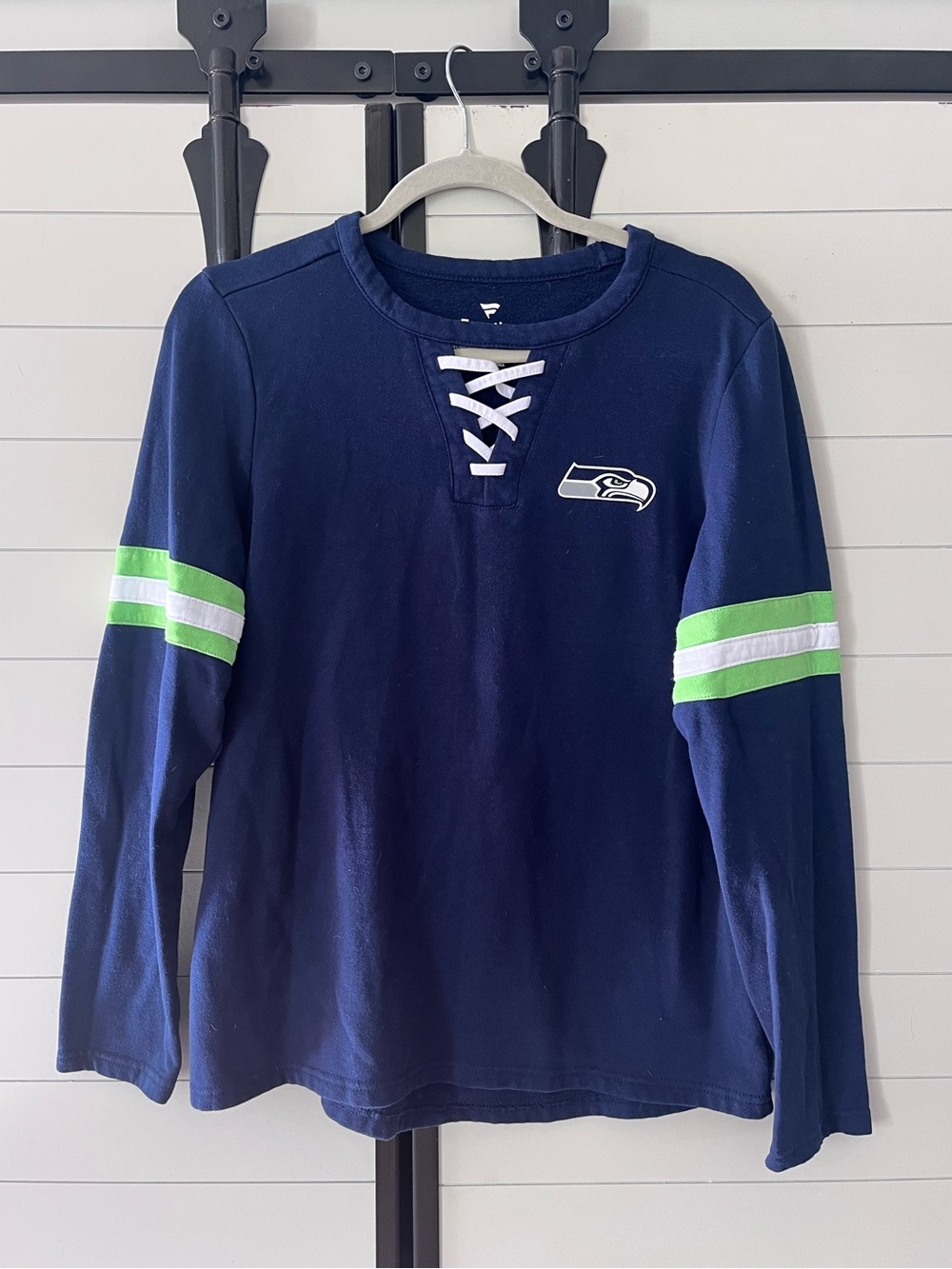 Fanatics Seattle Seahawks Navy Long Sleeve Crewneck w/ Green & White Stripes